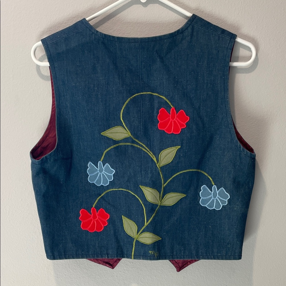 Vintage Denim Floral Appliqué Vest - Navy with Red & Light Blue Flowers La Jolla